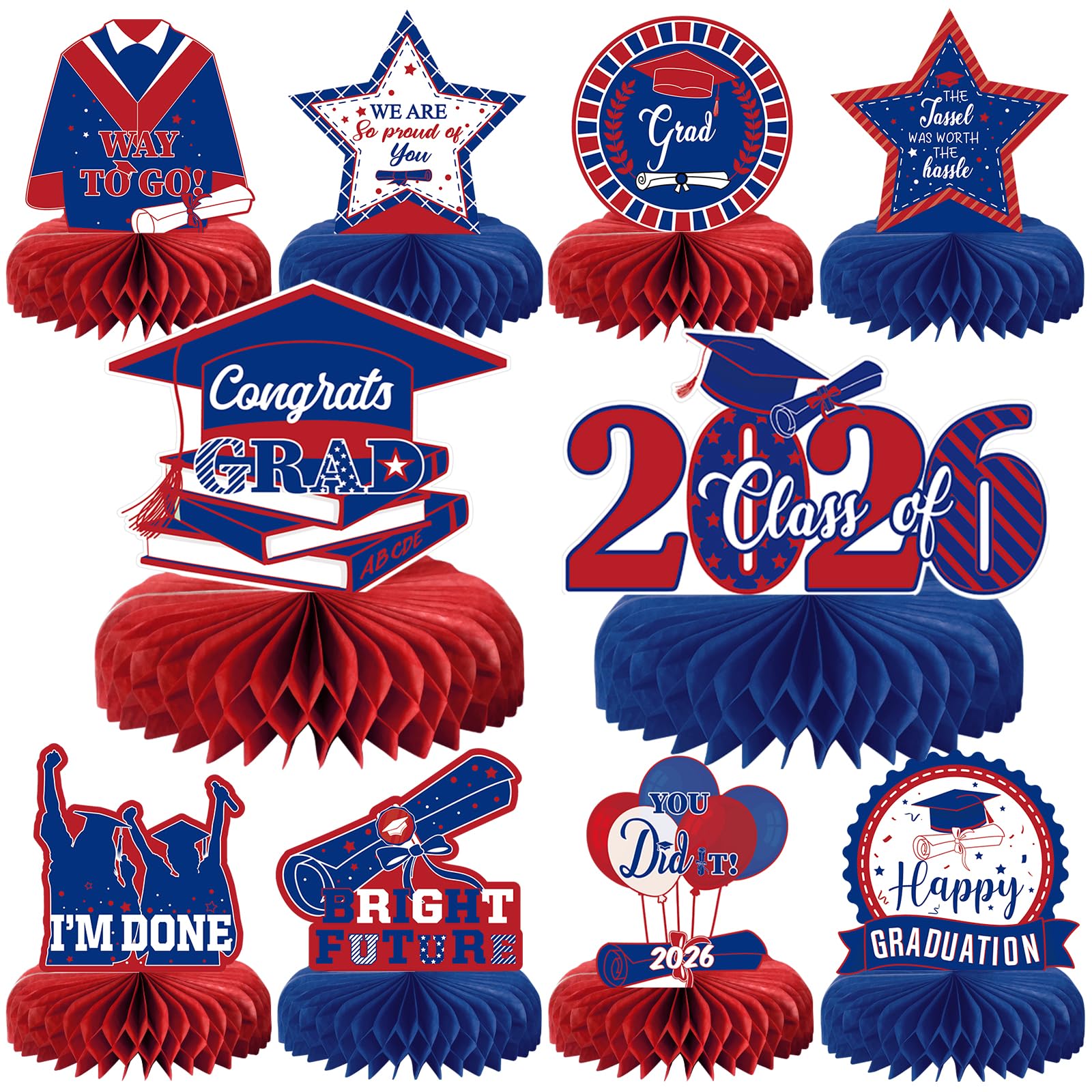 10 Graduation Party Centerpieces Class of 2026 – Blue & Red Honeycomb Table Decorations by MOORAY