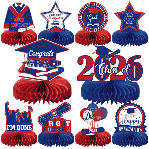 10 Graduation Party Centerpieces Class of 2026 – Blue & Red Honeycomb Table Decorations by MOORAY
