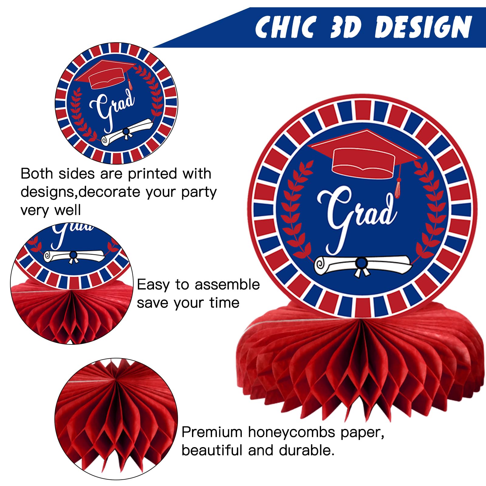 10 Graduation Party Centerpieces Class of 2026 – Blue & Red Honeycomb Table Decorations by MOORAY