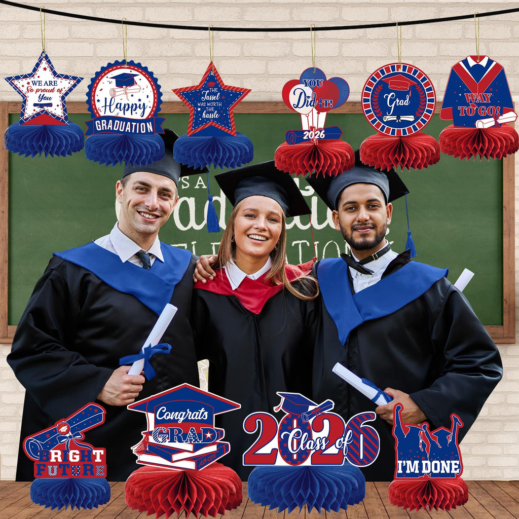 10 Graduation Party Centerpieces Class of 2026 – Blue & Red Honeycomb Table Decorations by MOORAY