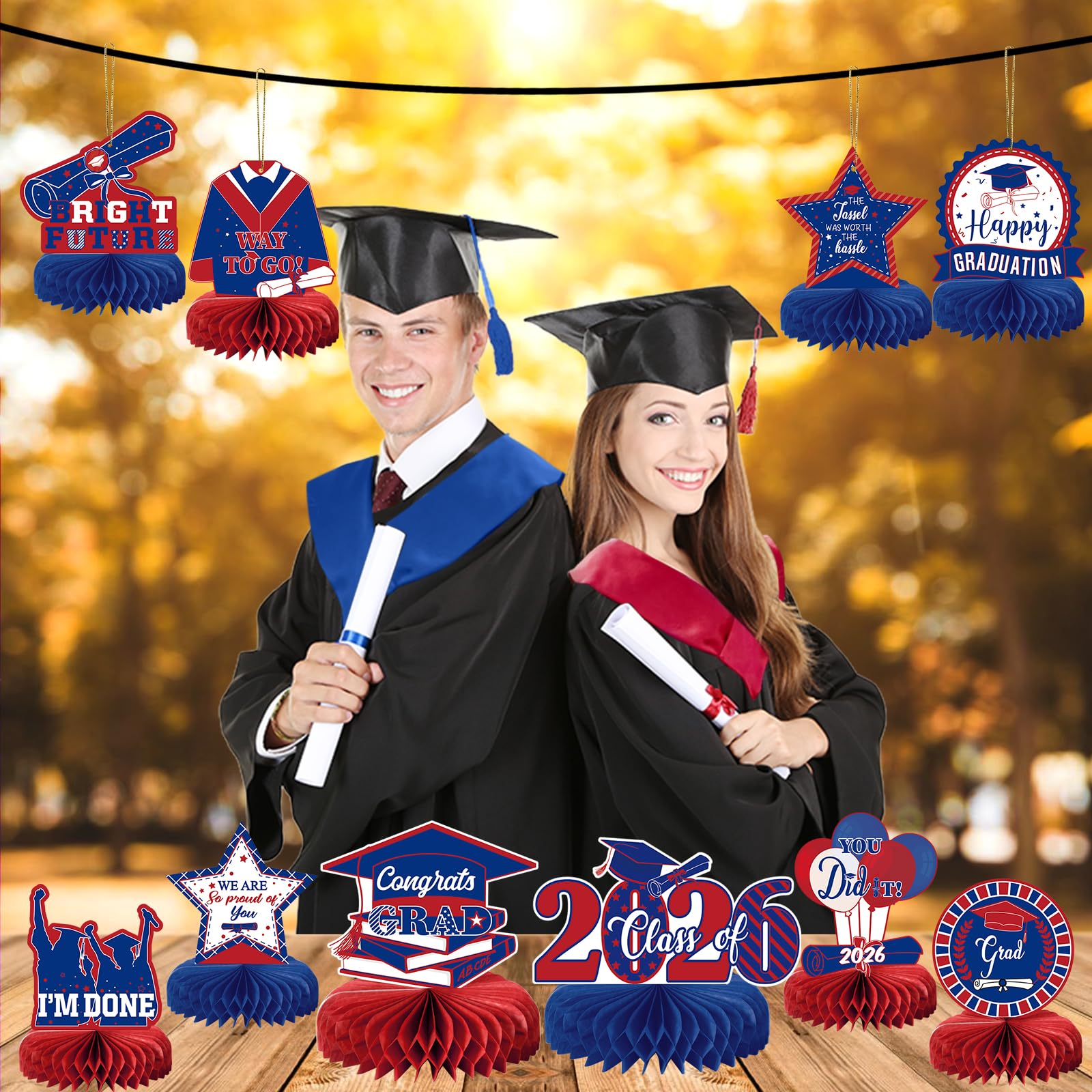 10 Graduation Party Centerpieces Class of 2026 – Blue & Red Honeycomb Table Decorations by MOORAY
