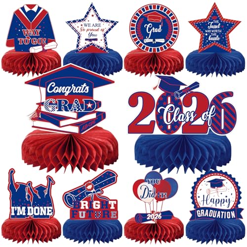 10 Graduation Party Centerpieces Class of 2026 – Blue & Red Honeycomb Table Decorations by MOORAY