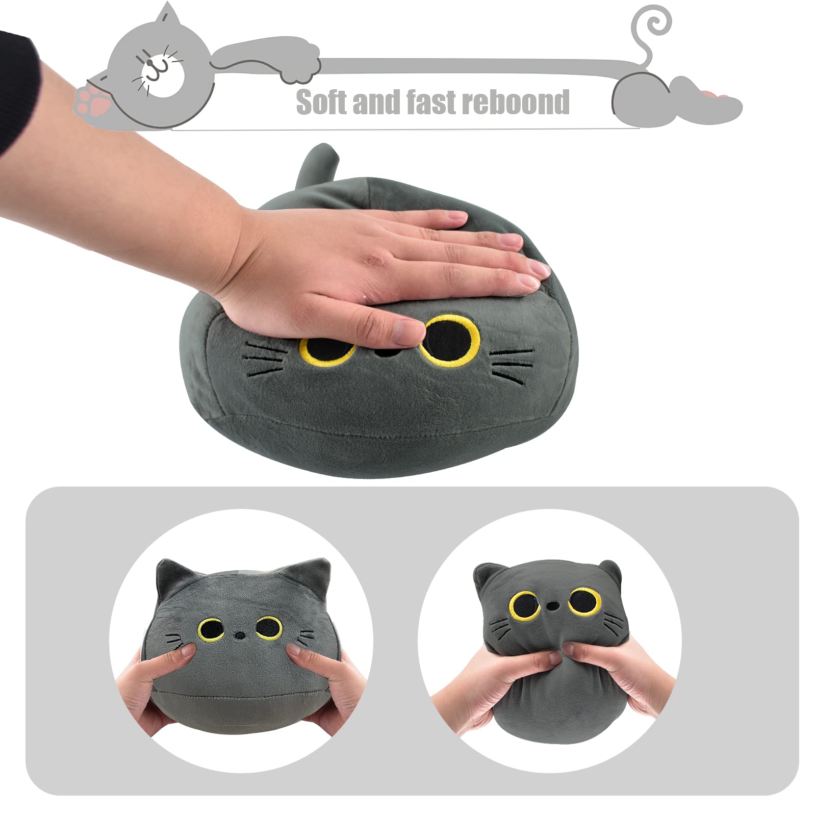 10 inch Gray Cat Plush Toy, Soft Squishy Pillow by AudeRhine - Kawaii Stuffed Animal Gift for Cat Lovers