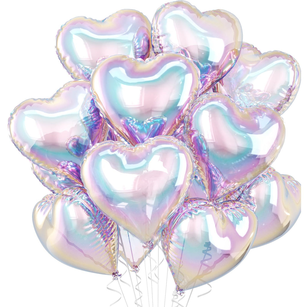 10 Pack 18 Inch Iridescent Heart Foil Balloons – Rainbow Gradient Self-Sealing Balloons for Weddings, Birthdays & Valentine's Day
