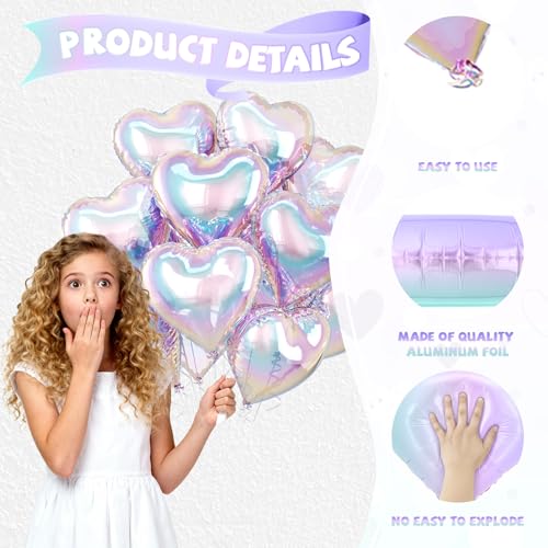 10 Pack 18 Inch Iridescent Heart Foil Balloons – Rainbow Gradient Self-Sealing Balloons for Weddings, Birthdays & Valentine's Day