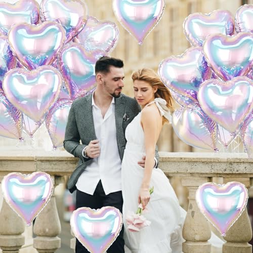 10 Pack 18 Inch Iridescent Heart Foil Balloons – Rainbow Gradient Self-Sealing Balloons for Weddings, Birthdays & Valentine's Day