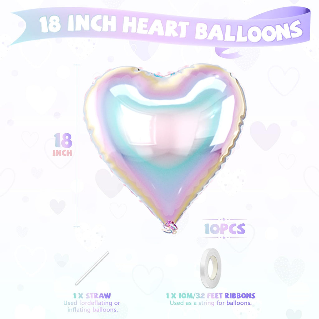 10 Pack 18 Inch Iridescent Heart Foil Balloons – Rainbow Gradient Self-Sealing Balloons for Weddings, Birthdays & Valentine's Day