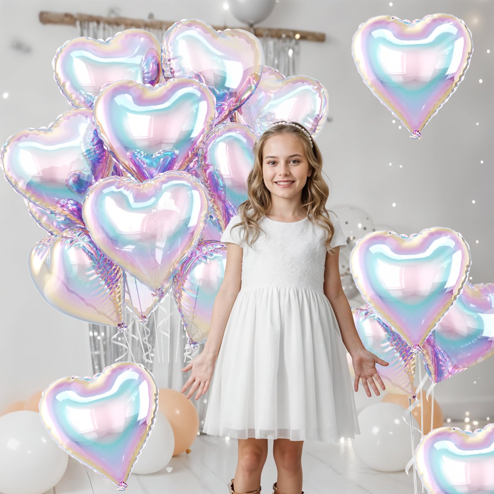 10 Pack 18 Inch Iridescent Heart Foil Balloons – Rainbow Gradient Self-Sealing Balloons for Weddings, Birthdays & Valentine's Day