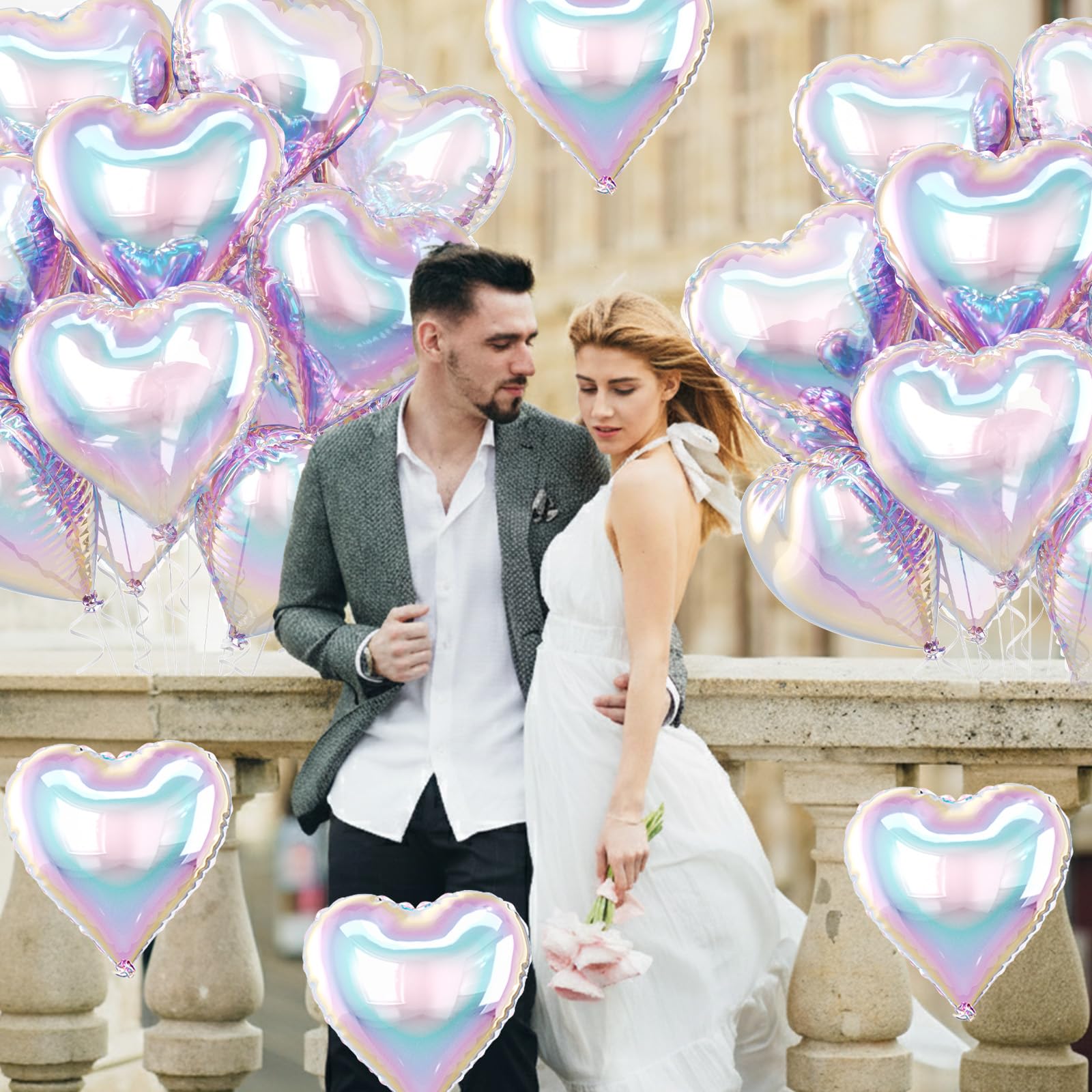 10 Pack 18 Inch Iridescent Heart Foil Balloons – Rainbow Gradient Self-Sealing Balloons for Weddings, Birthdays & Valentine's Day