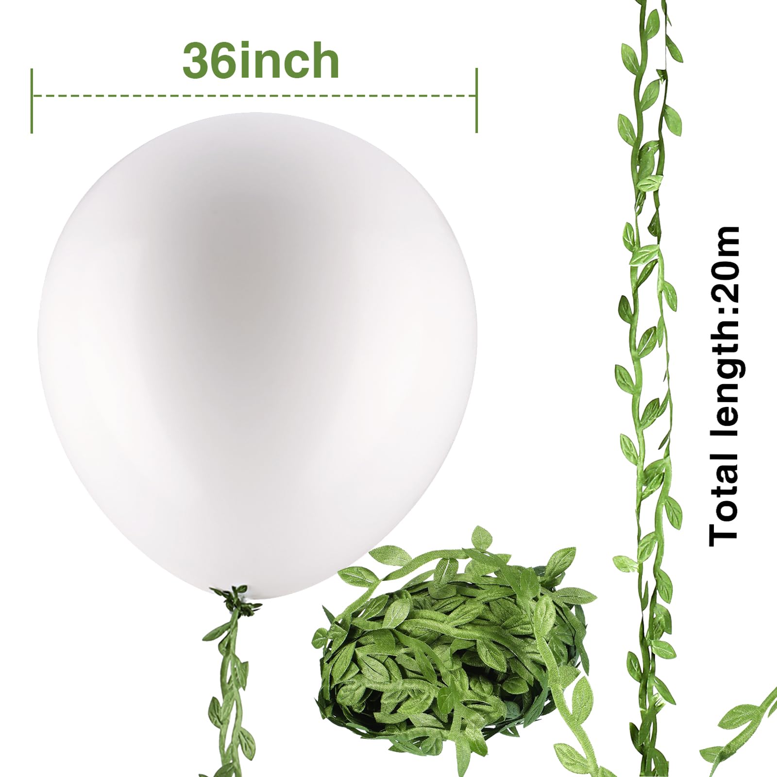 10 Pack 36 Inch White Balloons with 65ft Green Fabric Vine – Giant Latex Balloons for Party Decor