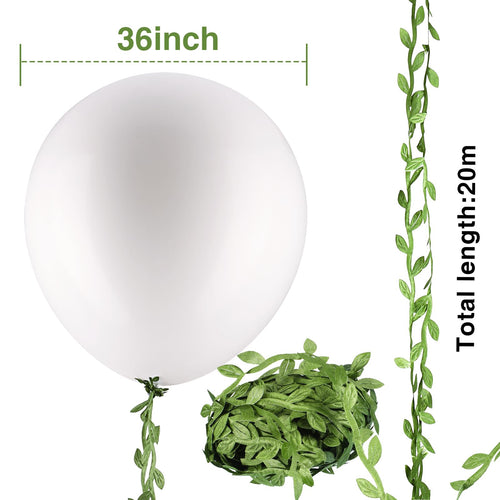 10 Pack 36 Inch White Balloons with 65ft Green Fabric Vine – Giant Latex Balloons for Party Decor