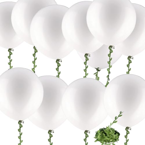 10 Pack 36 Inch White Balloons with 65ft Green Fabric Vine – Giant Latex Balloons for Party Decor