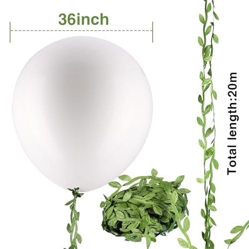 10 Pack 36 Inch White Balloons with 65ft Green Fabric Vine – Giant Latex Balloons for Party Decor