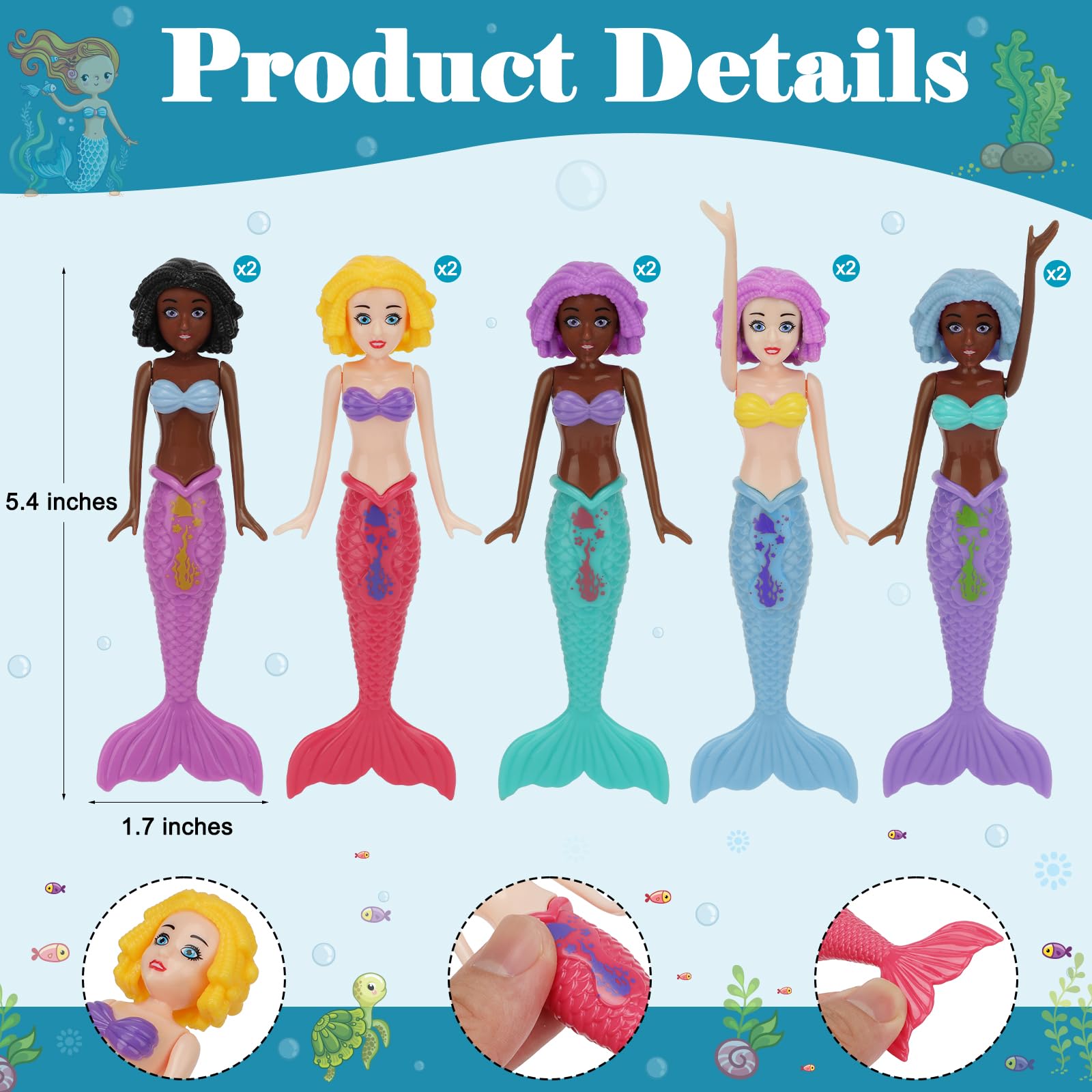10-Pack Colorful Mermaid Diving Toys for Kids Ages 3-12 – Non-Repeating Styles, Underwater Sinking Pool Toys for Bath & Swimming Fun