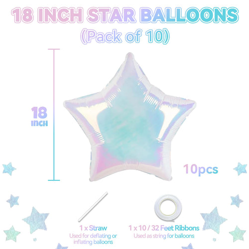10-Pack Iridescent Laser Star Foil Balloons - 18-Inch Aluminum Foil Party Decorations with Self-Sealing Valve