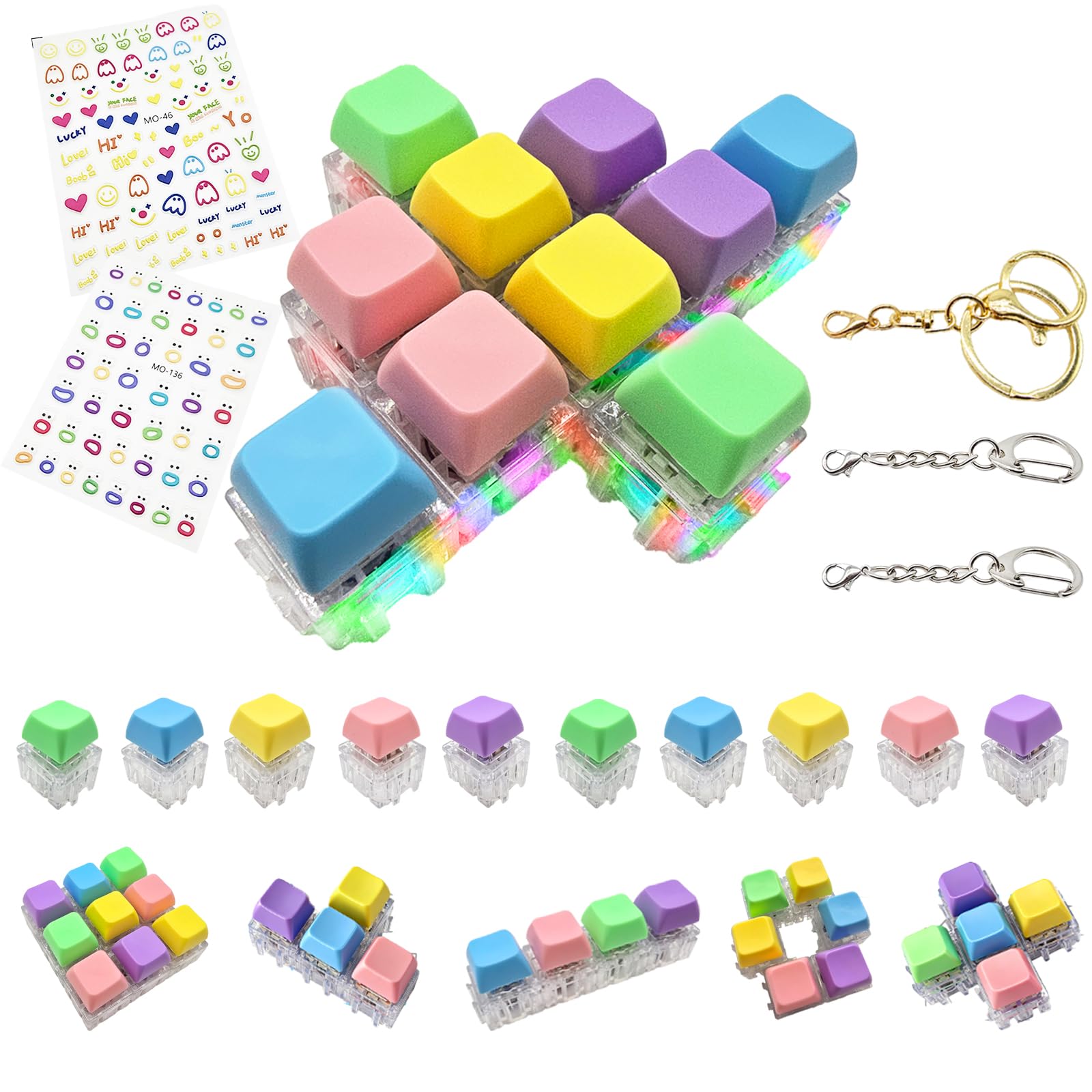 10-Pack Modular Keyboard Fidget Toy with RGB Light and Stickers – Build Shapes, Relieve Stress
