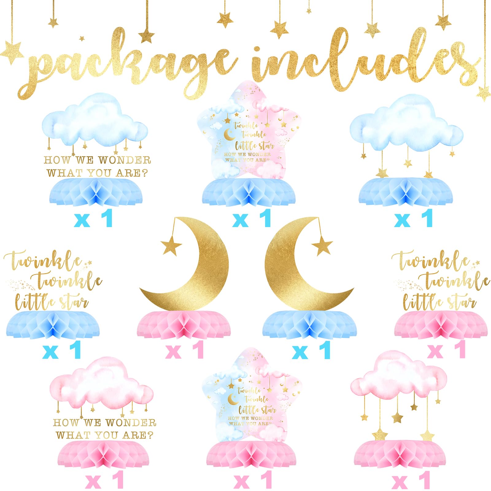 10-Pack Twinkle Twinkle Little Star Gender Reveal Centerpieces – Honeycomb Table Decor with Moons, Stars & Clouds for Baby Shower