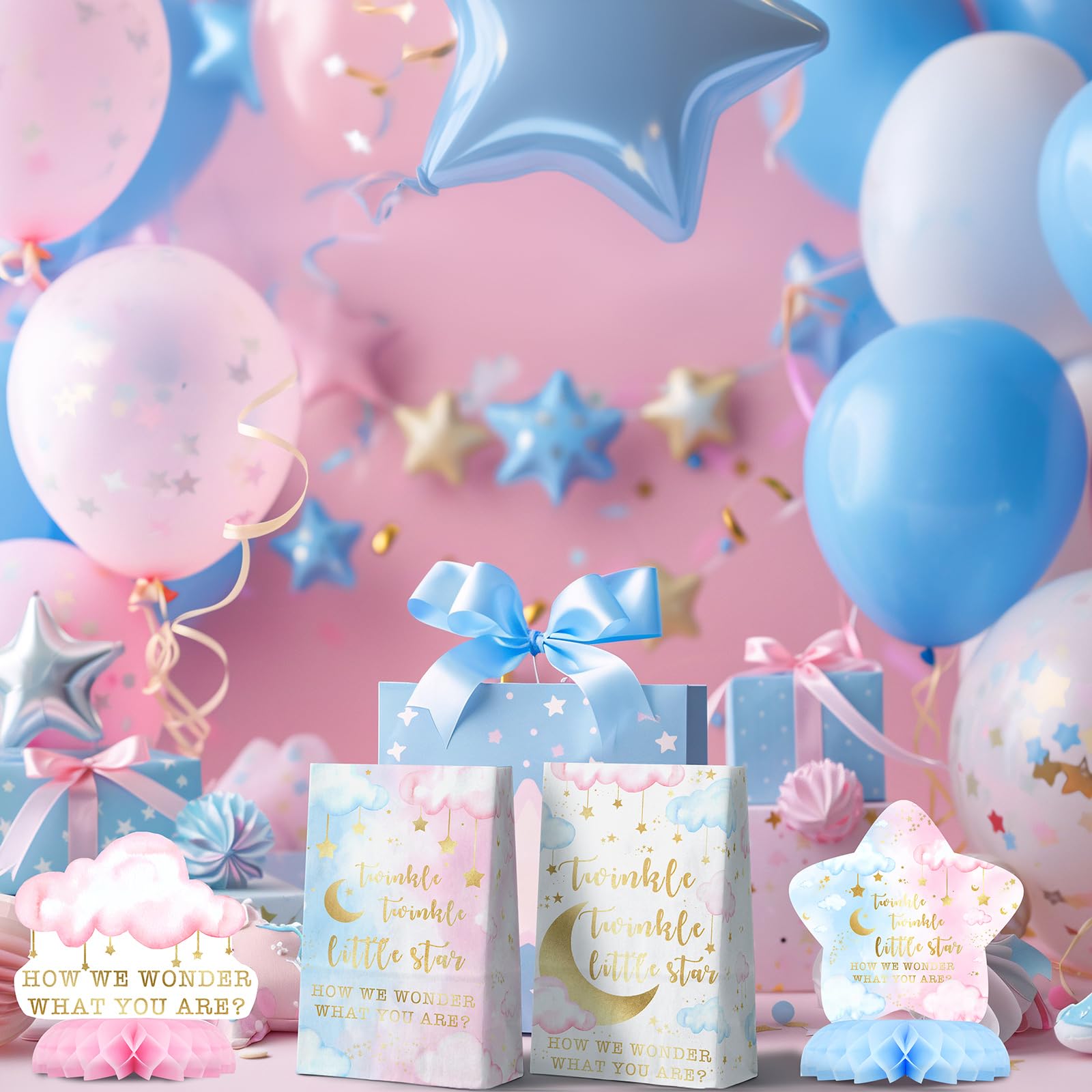 10-Pack Twinkle Twinkle Little Star Gender Reveal Centerpieces – Honeycomb Table Decor with Moons, Stars & Clouds for Baby Shower