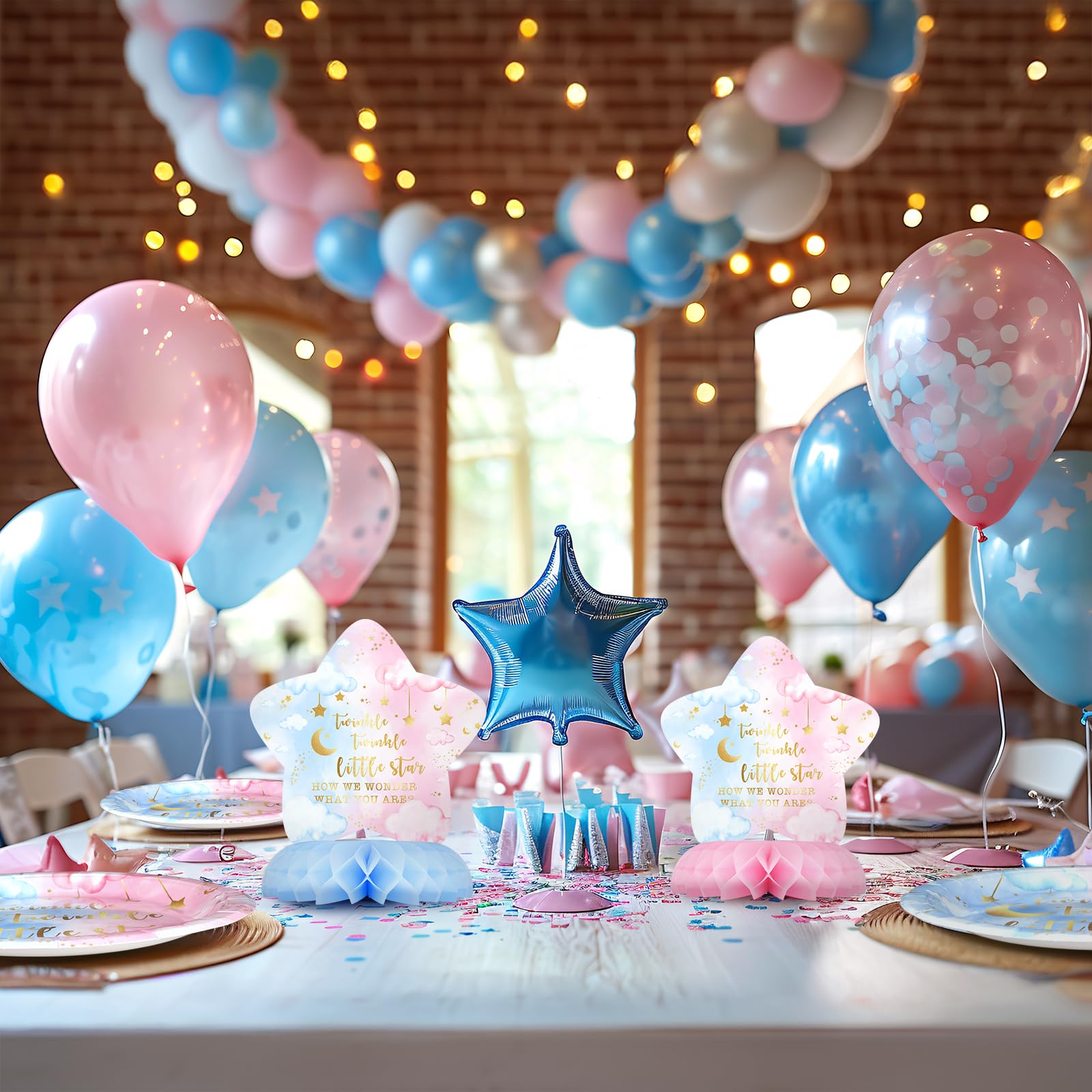 10-Pack Twinkle Twinkle Little Star Gender Reveal Centerpieces – Honeycomb Table Decor with Moons, Stars & Clouds for Baby Shower