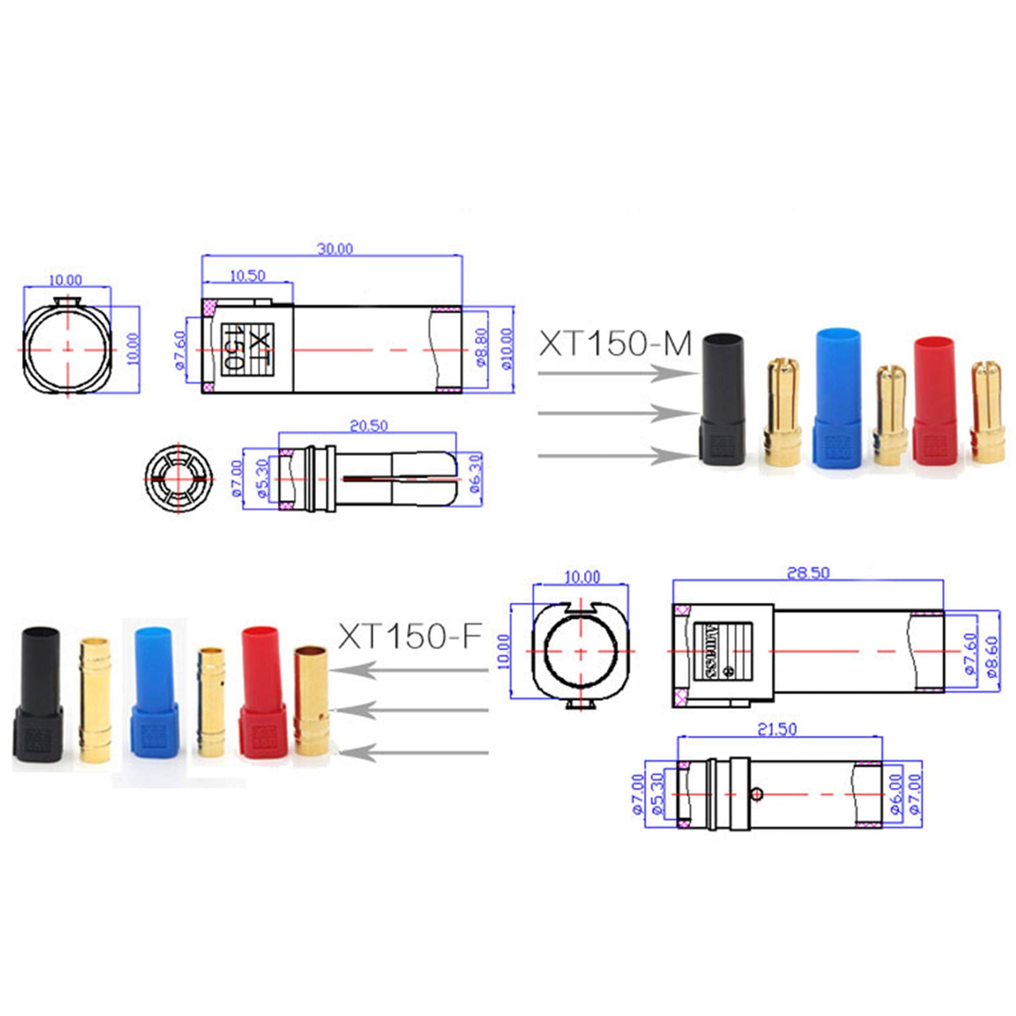 10 Pairs Amass XT150 6mm Bullet Connector Set – 100A Continuous, 150A Peak for RC Models