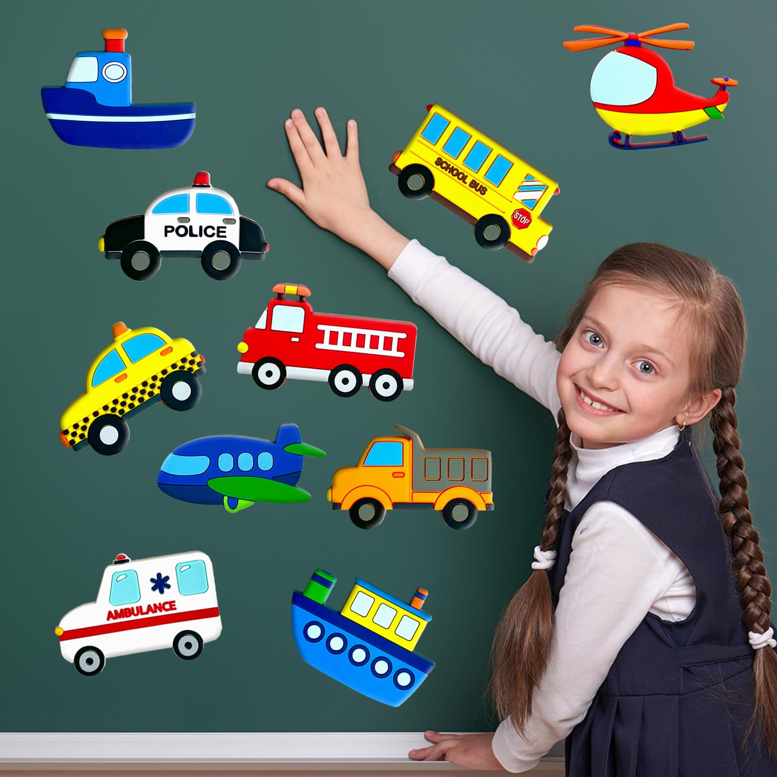 10-Piece Transportation Fridge Magnets for Toddlers – Car, Boat, Aircraft PVC Magnets for Kids Educational Play
