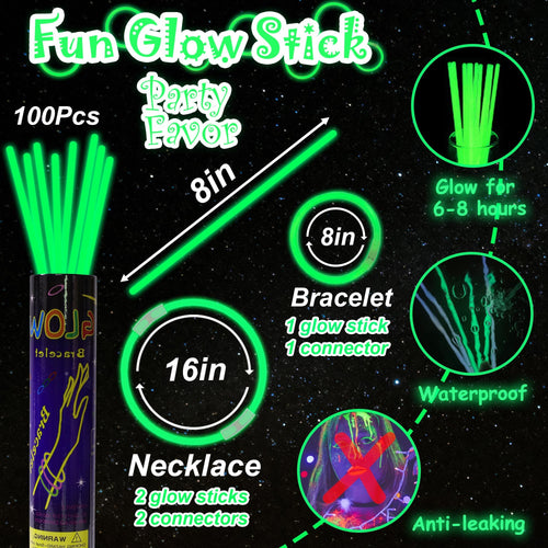 100 Green Glow Sticks Bulk 8 Inch Party Favors with Connectors for Neon Parties, Halloween, Christmas, St. Patrick's Day