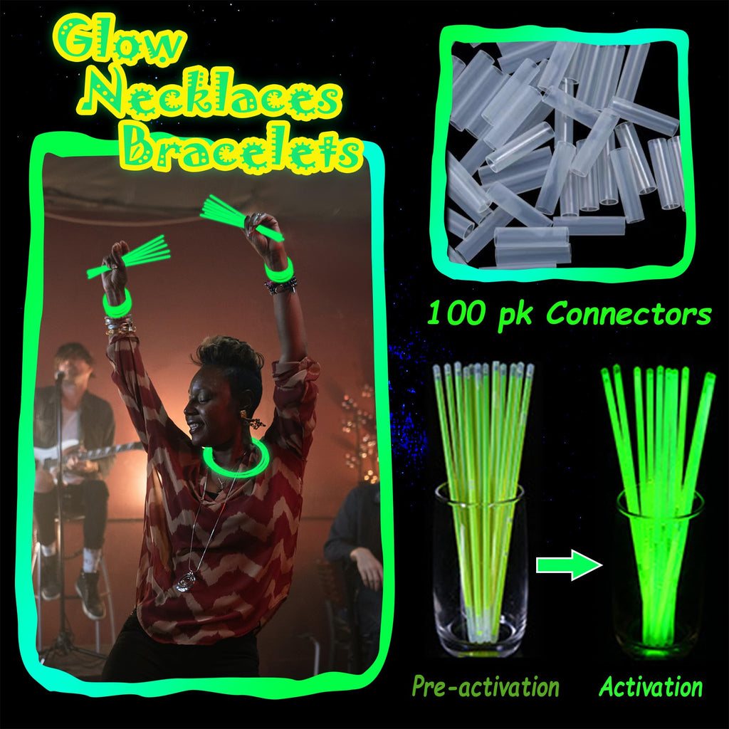 100 Green Glow Sticks Bulk 8 Inch Party Favors with Connectors for Neon Parties, Halloween, Christmas, St. Patrick's Day