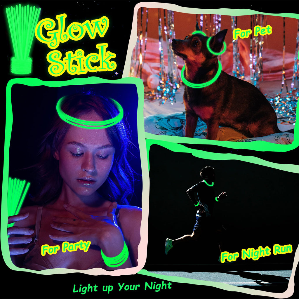 100 Green Glow Sticks Bulk 8 Inch Party Favors with Connectors for Neon Parties, Halloween, Christmas, St. Patrick's Day