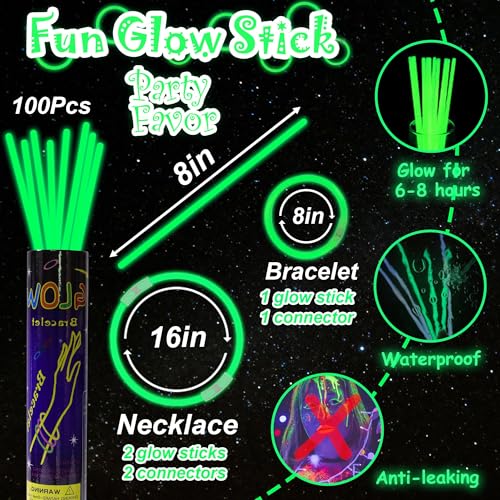 100 Green Glow Sticks Bulk 8 Inch Party Favors with Connectors for Neon Parties, Halloween, Christmas, St. Patrick's Day