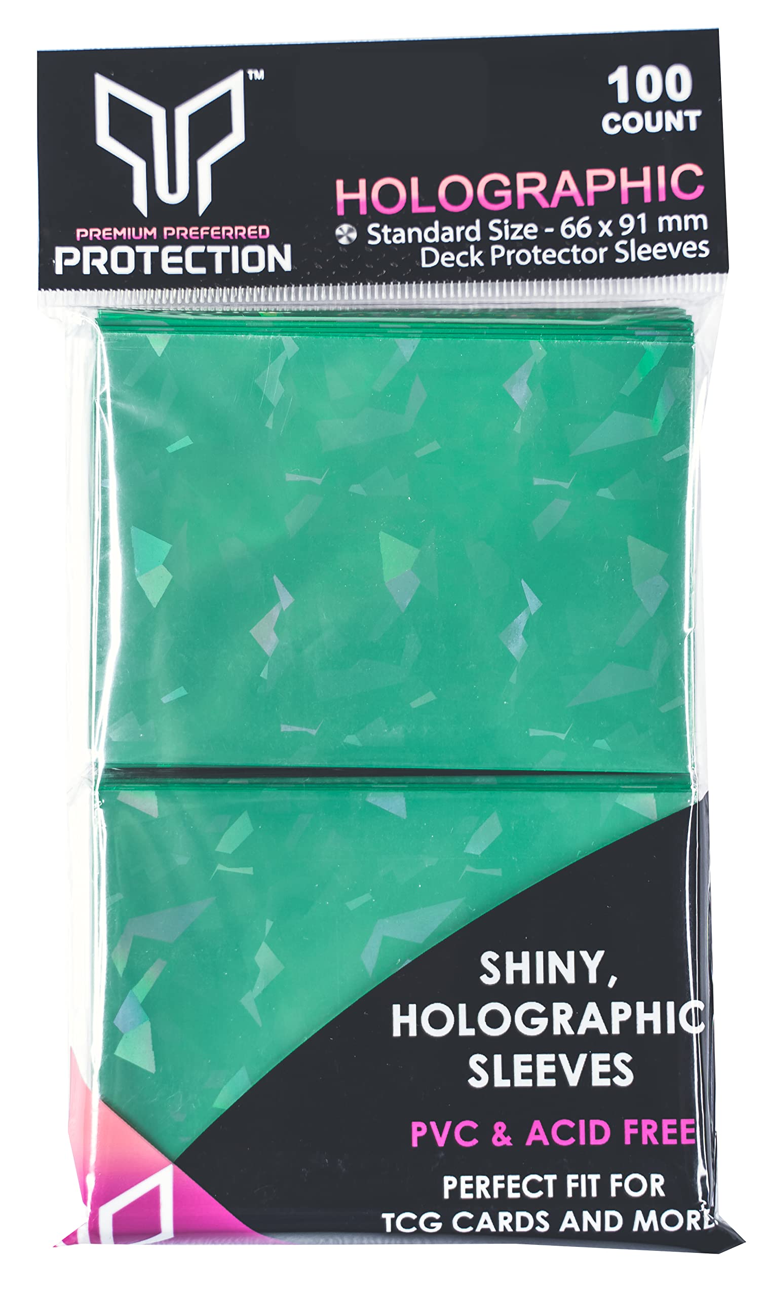 100 Green Holographic Trading Card Sleeves (66x91mm) by Premium Preferred Protection – Shiny Cracked Ice Finish for Standard Cards