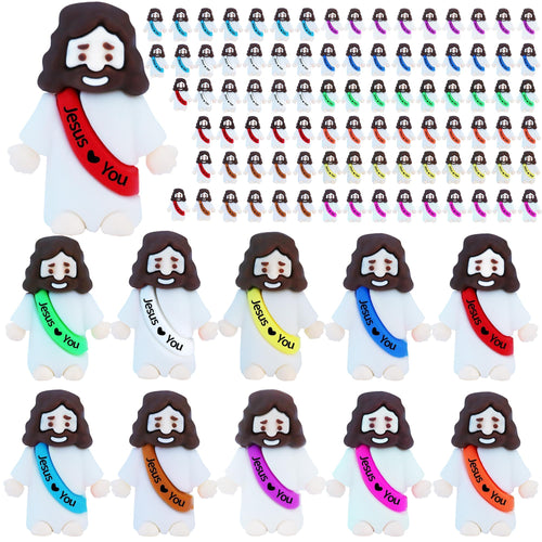 100 Mini Rubber Jesus Figurines Bulk – 10 Colors with 'Jesus Loves You' Message for Easter Egg Fillers and Hide and Seek