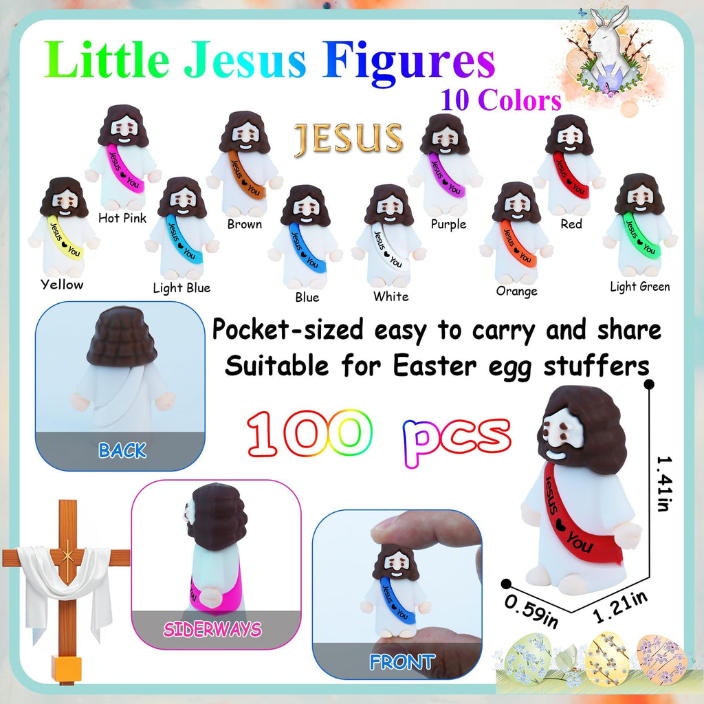 100 Mini Rubber Jesus Figurines Bulk – 10 Colors with 'Jesus Loves You' Message for Easter Egg Fillers and Hide and Seek