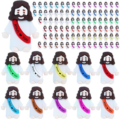 100 Mini Rubber Jesus Figurines Bulk – 10 Colors with 'Jesus Loves You' Message for Easter Egg Fillers and Hide and Seek