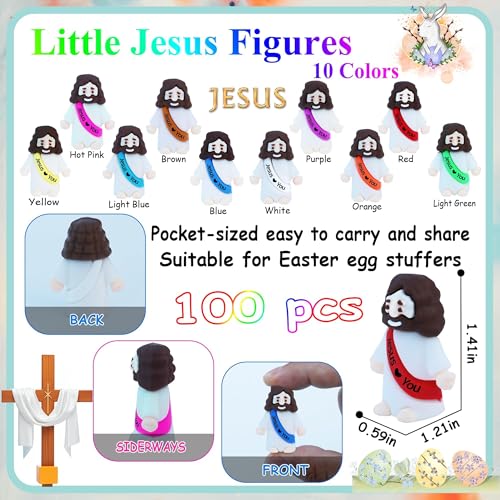 100 Mini Rubber Jesus Figurines Bulk – 10 Colors with 'Jesus Loves You' Message for Easter Egg Fillers and Hide and Seek