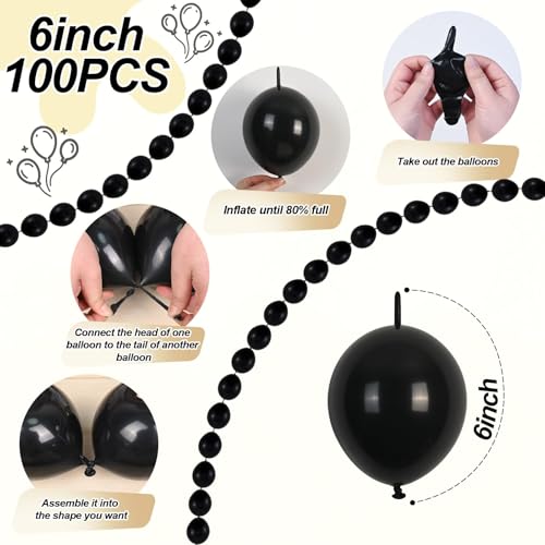 100 Pack 6 Inch Black Linking Balloons for DIY Balloon Arch, Balloon Wall, and Party Decorations