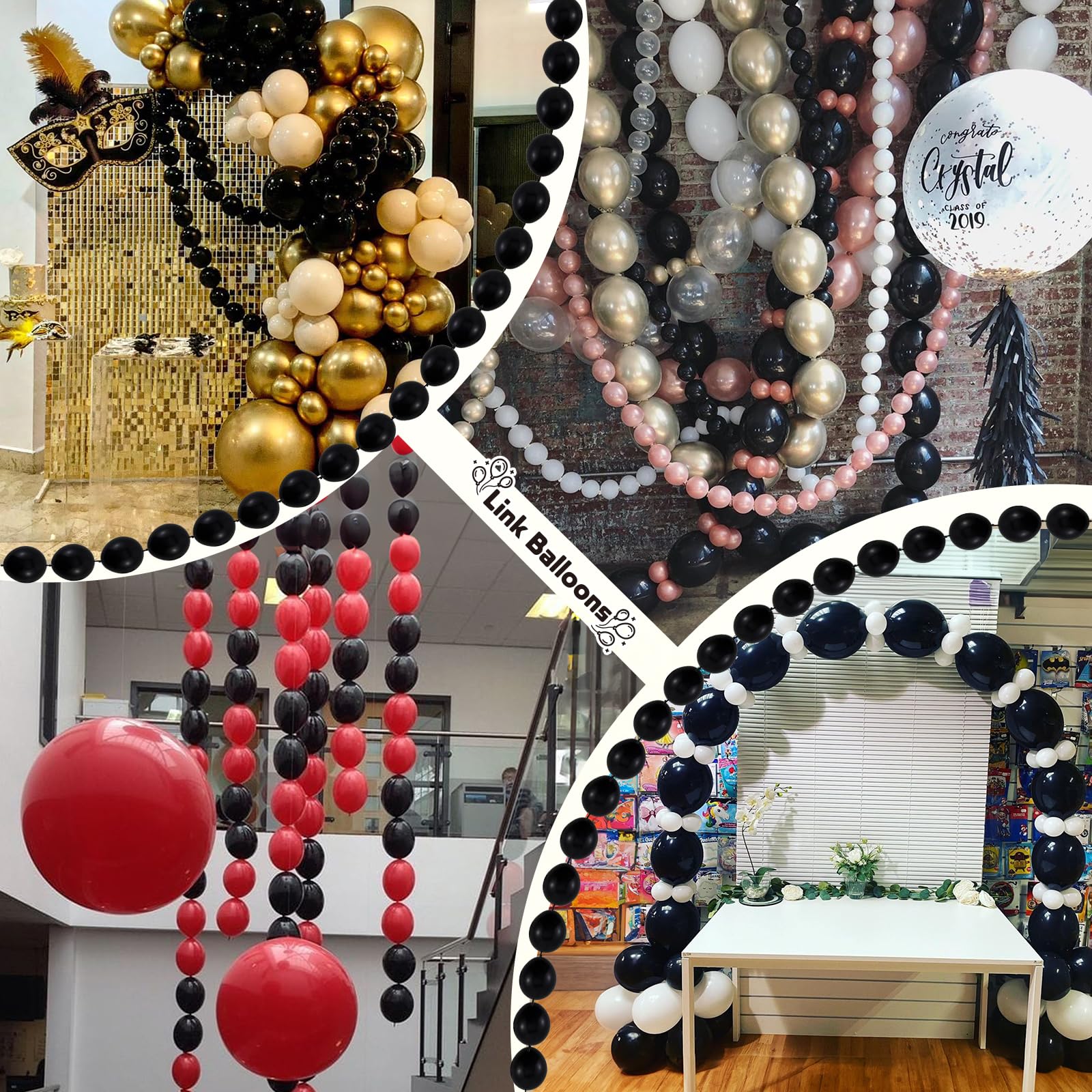 100 Pack 6 Inch Black Linking Balloons for DIY Balloon Arch, Balloon Wall, and Party Decorations