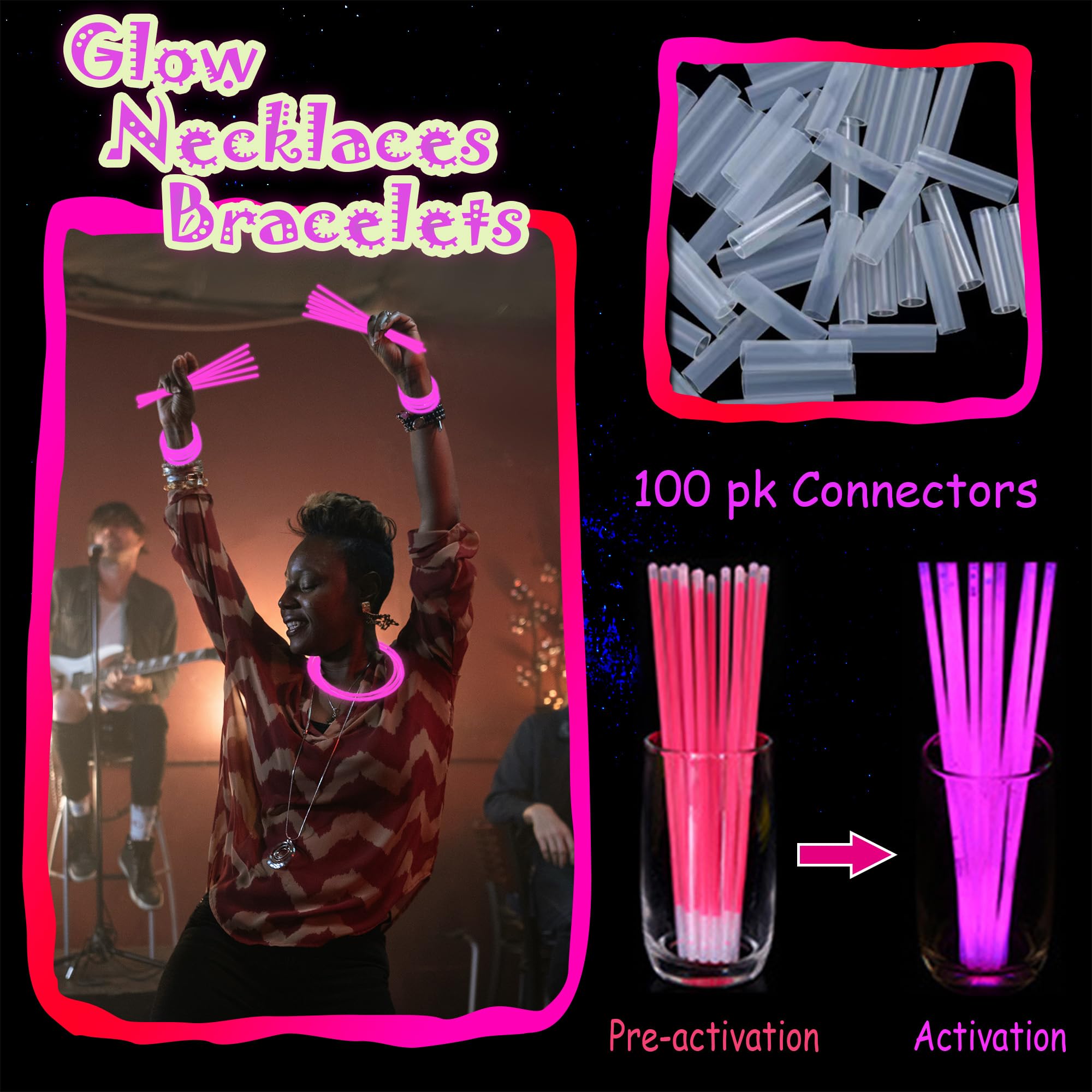 100 Pack 8-Inch Pink Glow Sticks Bulk Party Favors with Connectors – Long-Lasting Neon Glow Necklaces & Bracelets for Holiday Events