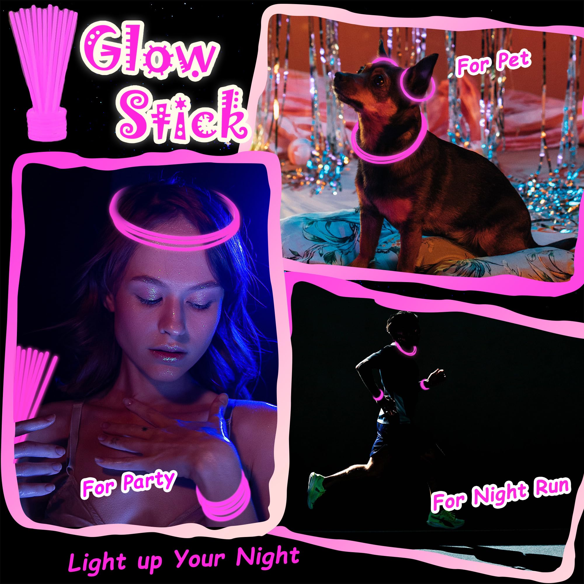 100 Pack 8-Inch Pink Glow Sticks Bulk Party Favors with Connectors – Long-Lasting Neon Glow Necklaces & Bracelets for Holiday Events