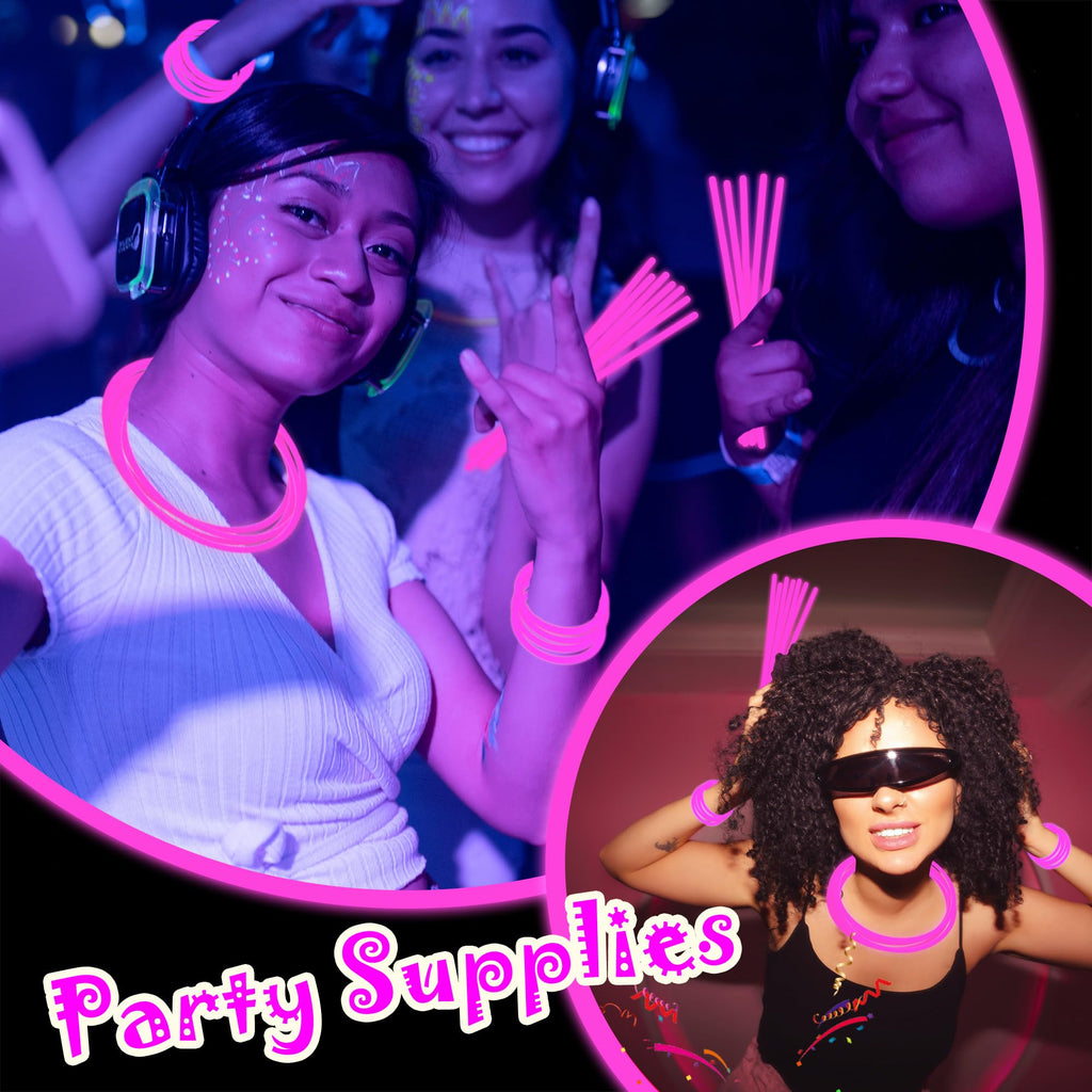100 Pack 8-Inch Pink Glow Sticks Bulk Party Favors with Connectors – Long-Lasting Neon Glow Necklaces & Bracelets for Holiday Events