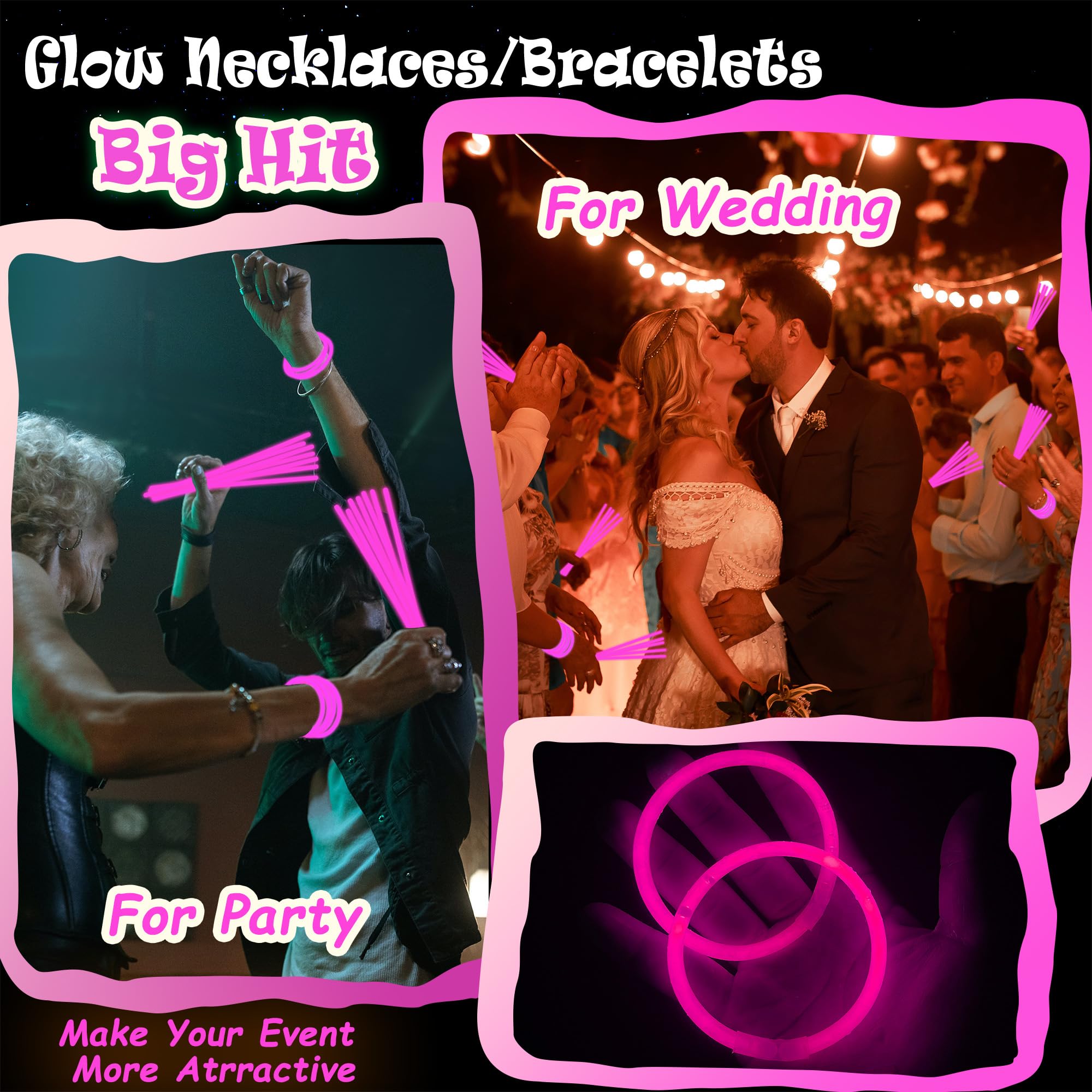 100 Pack 8-Inch Pink Glow Sticks Bulk Party Favors with Connectors – Long-Lasting Neon Glow Necklaces & Bracelets for Holiday Events