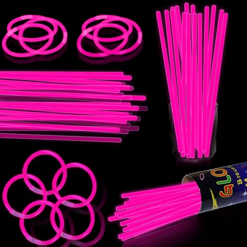 100 Pack 8-Inch Pink Glow Sticks Bulk Party Favors with Connectors – Long-Lasting Neon Glow Necklaces & Bracelets for Holiday Events