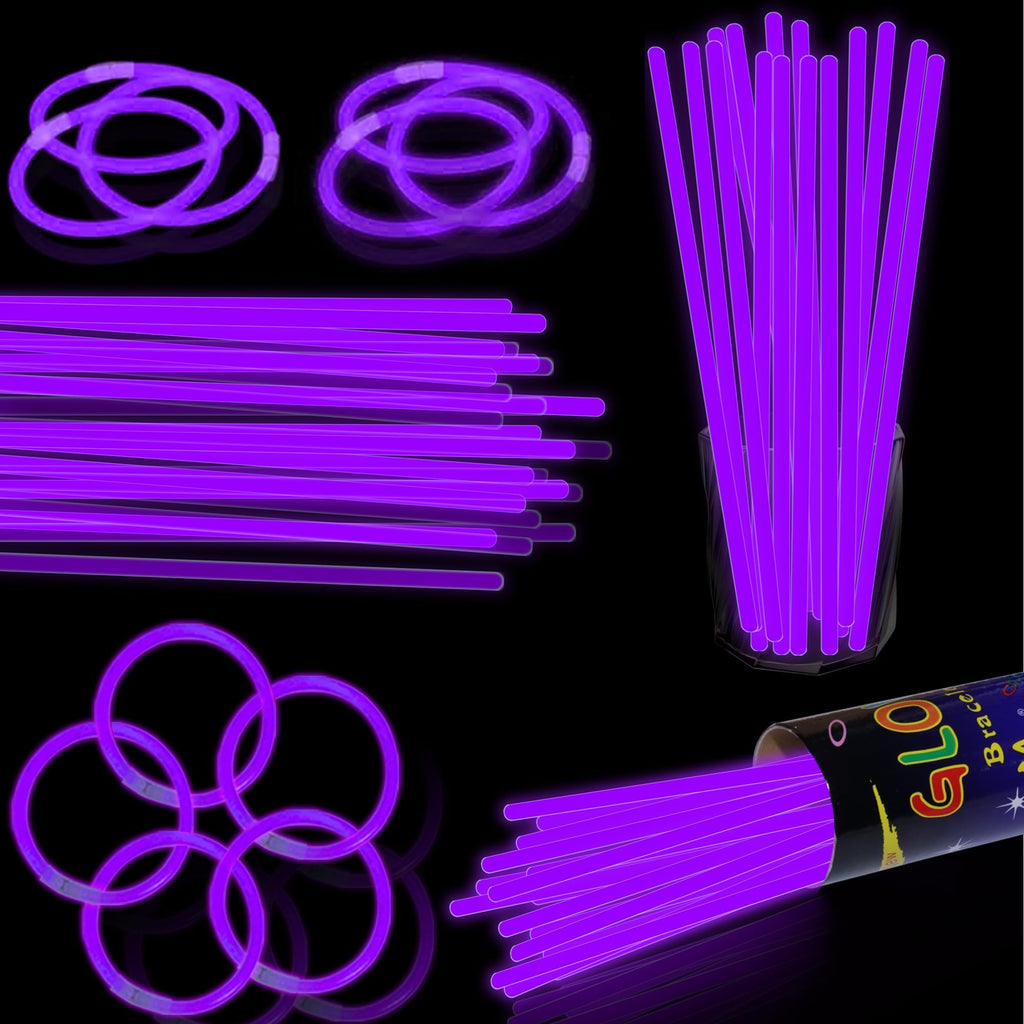 100 Pack 8-Inch Purple Glow Sticks Bulk Party Favors with Connectors - Lasts 6-8 Hours, Waterproof, for Halloween, Christmas, Mardi Gras, Neon Parties