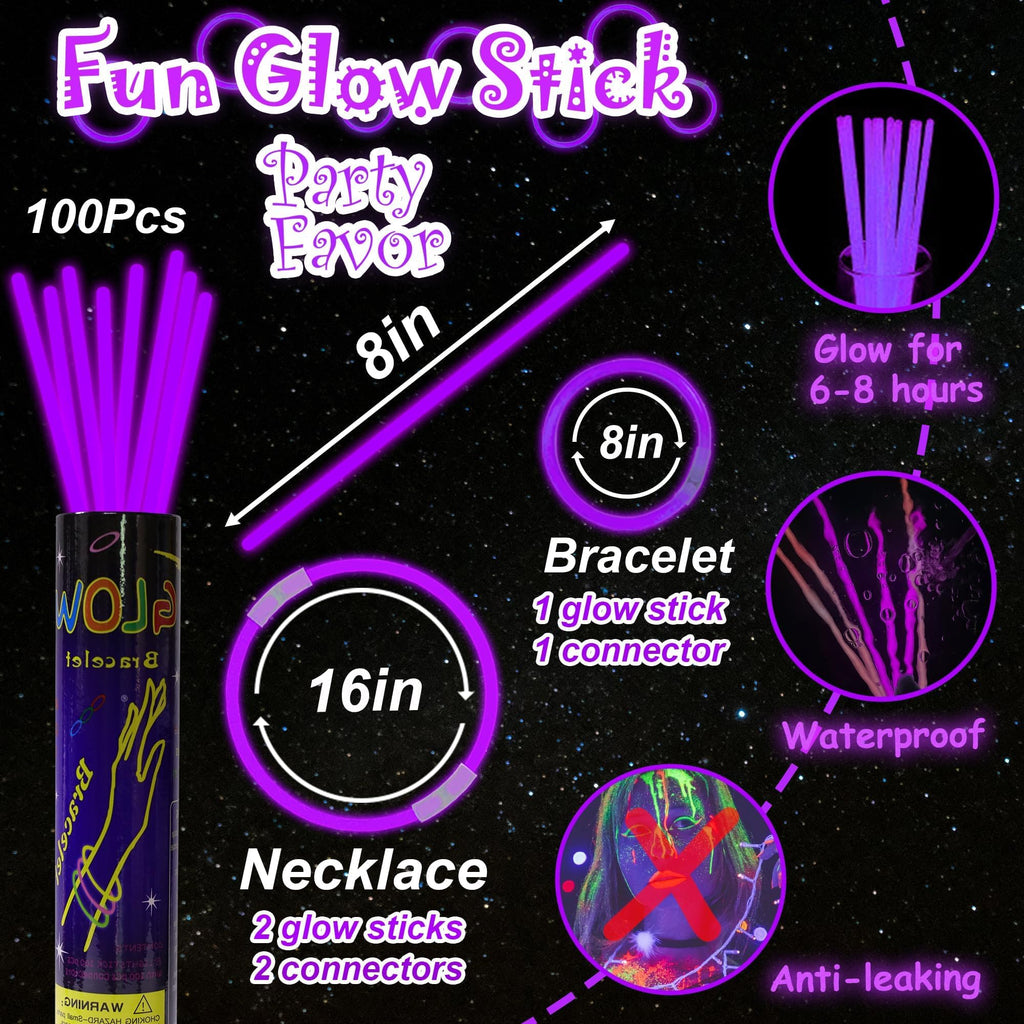 100 Pack 8-Inch Purple Glow Sticks Bulk Party Favors with Connectors - Lasts 6-8 Hours, Waterproof, for Halloween, Christmas, Mardi Gras, Neon Parties