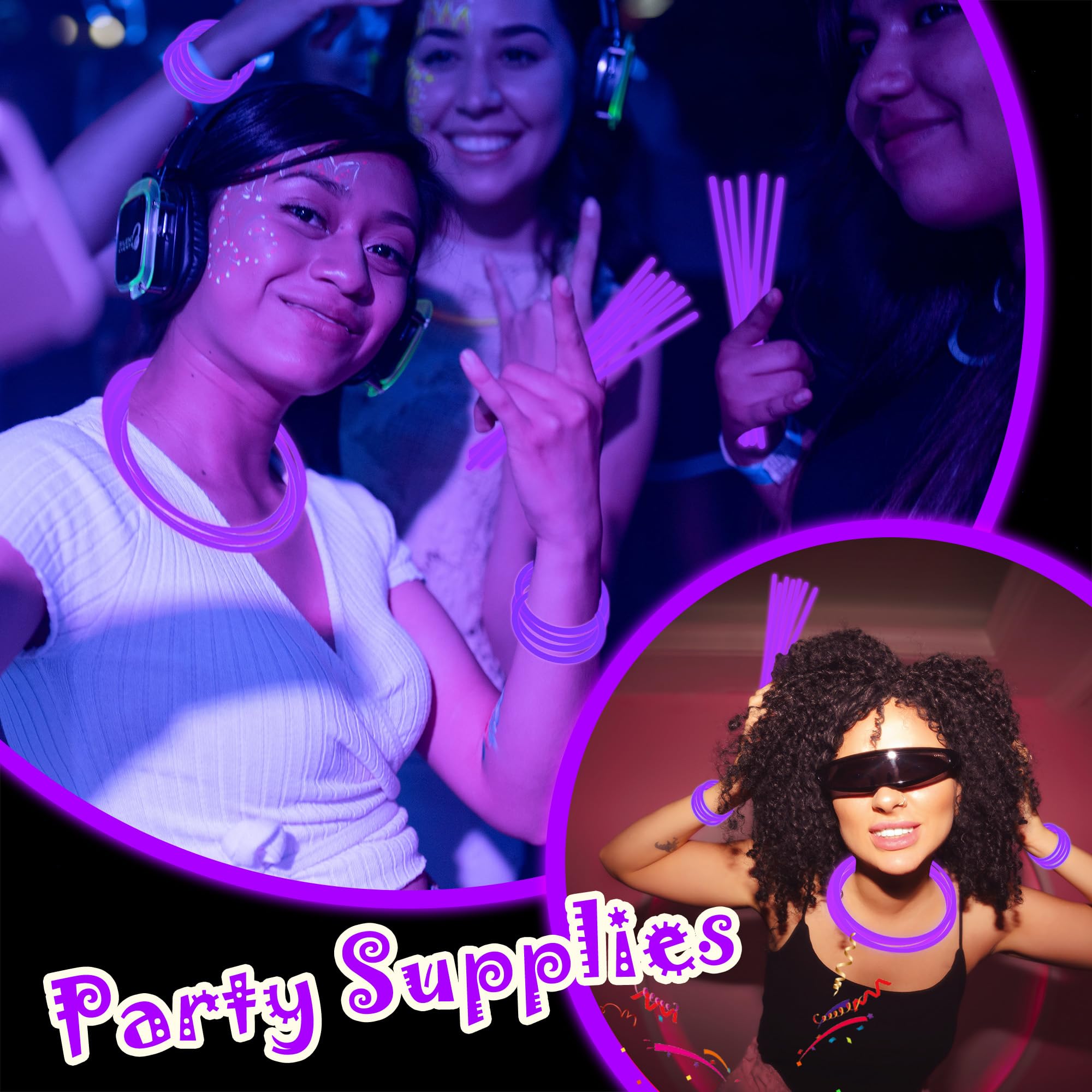 100 Pack 8-Inch Purple Glow Sticks Bulk Party Favors with Connectors - Lasts 6-8 Hours, Waterproof, for Halloween, Christmas, Mardi Gras, Neon Parties
