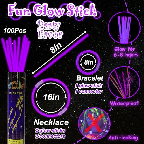 100 Pack 8-Inch Purple Glow Sticks Bulk Party Favors with Connectors - Lasts 6-8 Hours, Waterproof, for Halloween, Christmas, Mardi Gras, Neon Parties