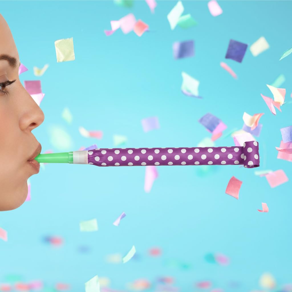 100 Pack Assorted Polka Dot Party Blowers & Noise Makers