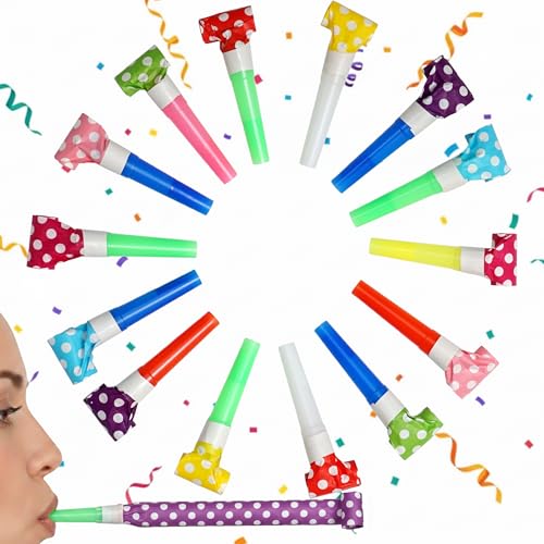 100 Pack Assorted Polka Dot Party Blowers & Noise Makers