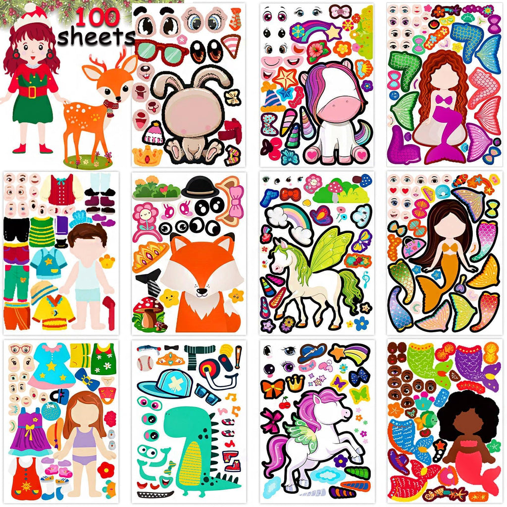 100-Pack DIY Animal Face Stickers – 25 Designs with 1000+ Accessories for Kids Crafts, Party Favors, and School Rewards