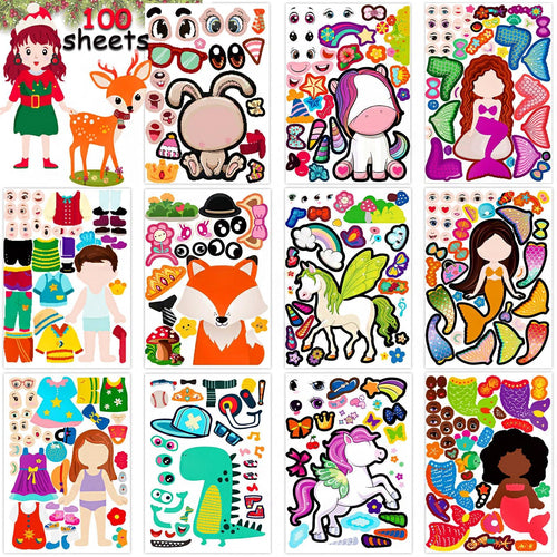 100-Pack DIY Animal Face Stickers – 25 Designs with 1000+ Accessories for Kids Crafts, Party Favors, and School Rewards