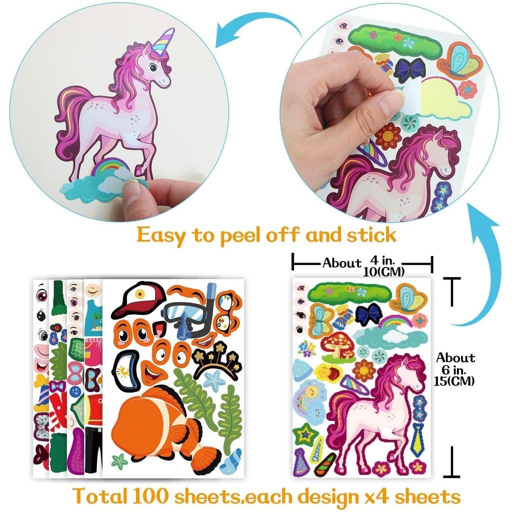 100-Pack DIY Animal Face Stickers – 25 Designs with 1000+ Accessories for Kids Crafts, Party Favors, and School Rewards